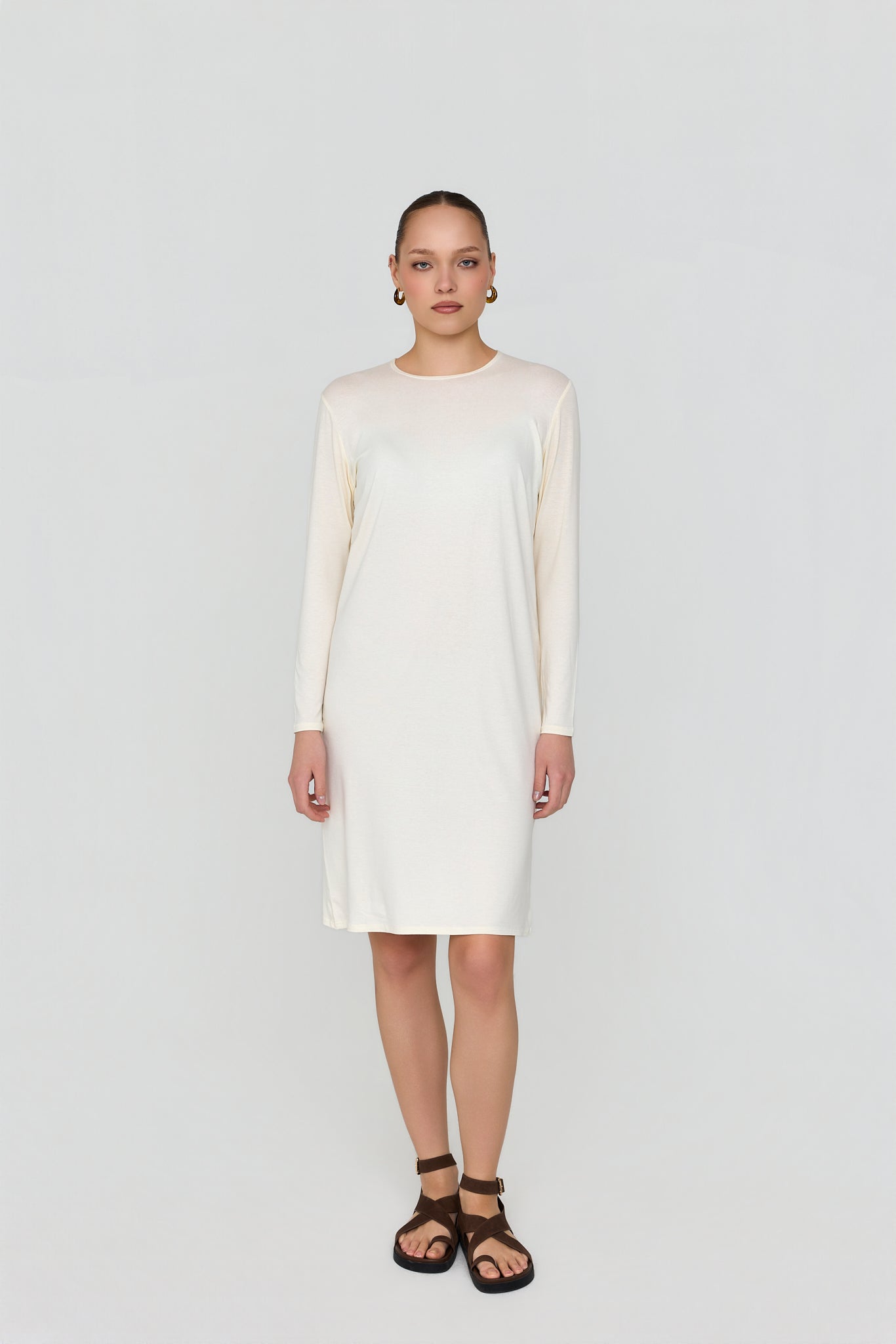 slip dress with sleeves Full Grey | Modest Slip Dresses designed with clean lines and effortless elegance Midi Slip Dress Cream /